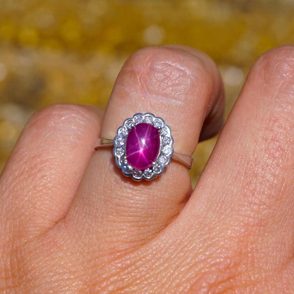 Star Ruby Diamond Bezel Halo Ring in 14k Gold